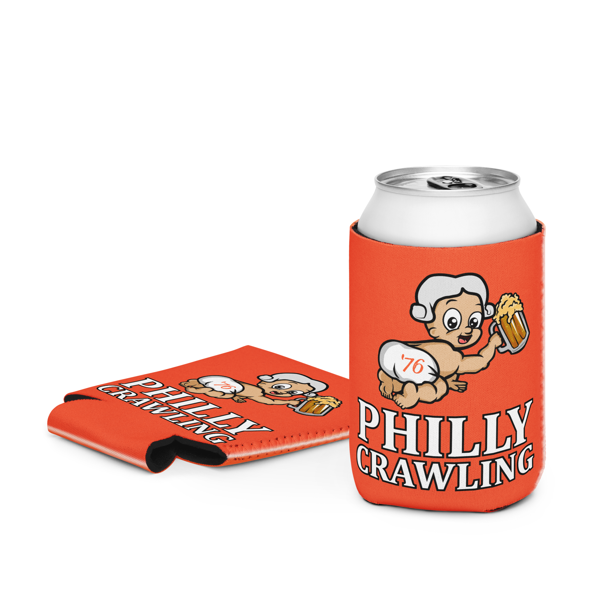 Orange can holder with cartoon baby logo and 'Philly Crawling' text, next to a folded can sleeve.
