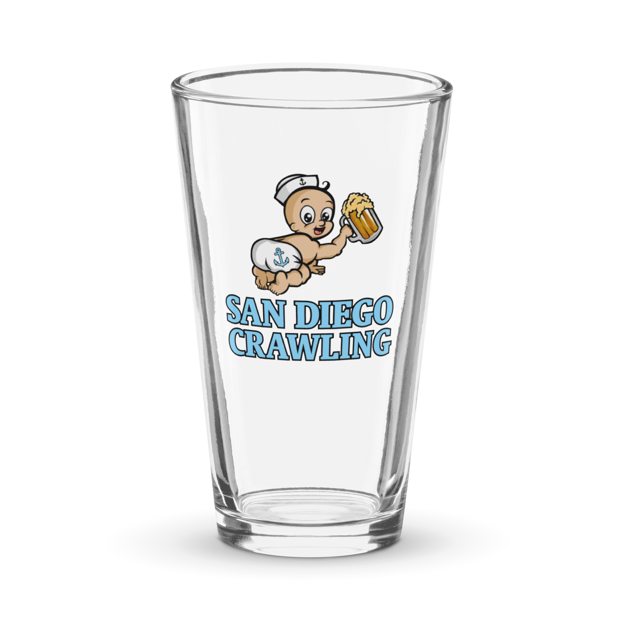 Pint glass with a baby holding beer and 'San Diego Crawling' text.