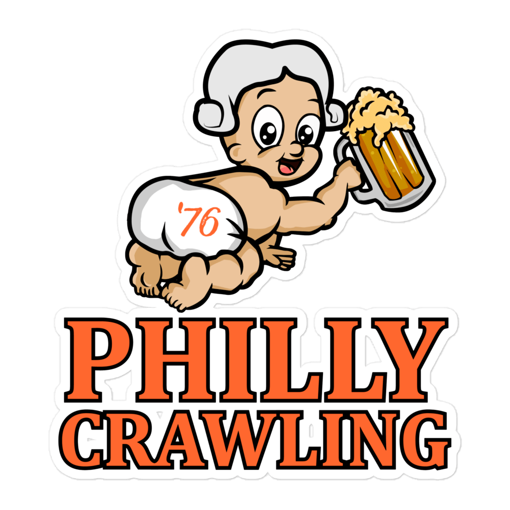 Cartoon baby in a white diaper with '76, holding a beer, above 'Philly Crawling' text in orange.