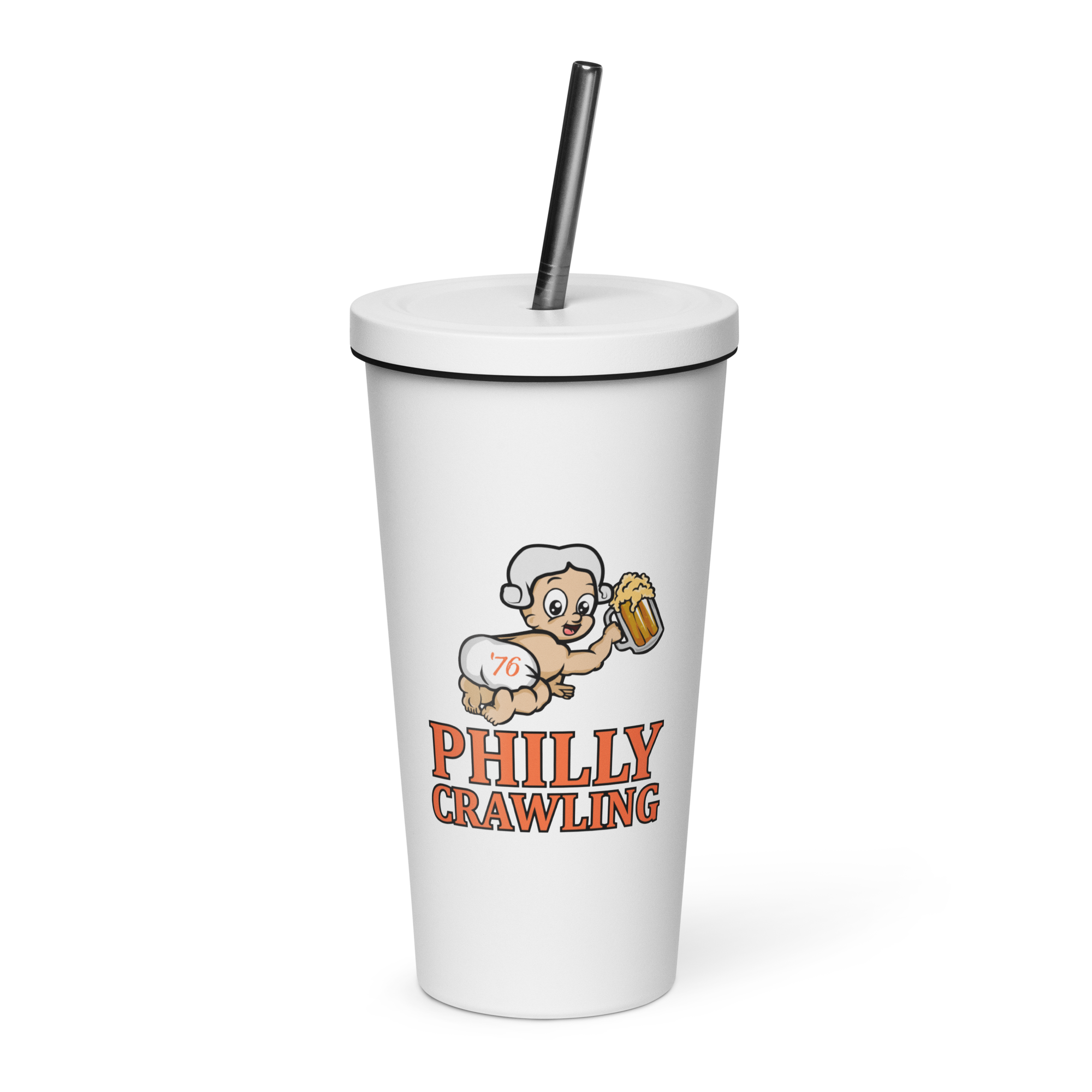 White tumbler with a crawling cartoon baby and text 'Philly Crawling'.