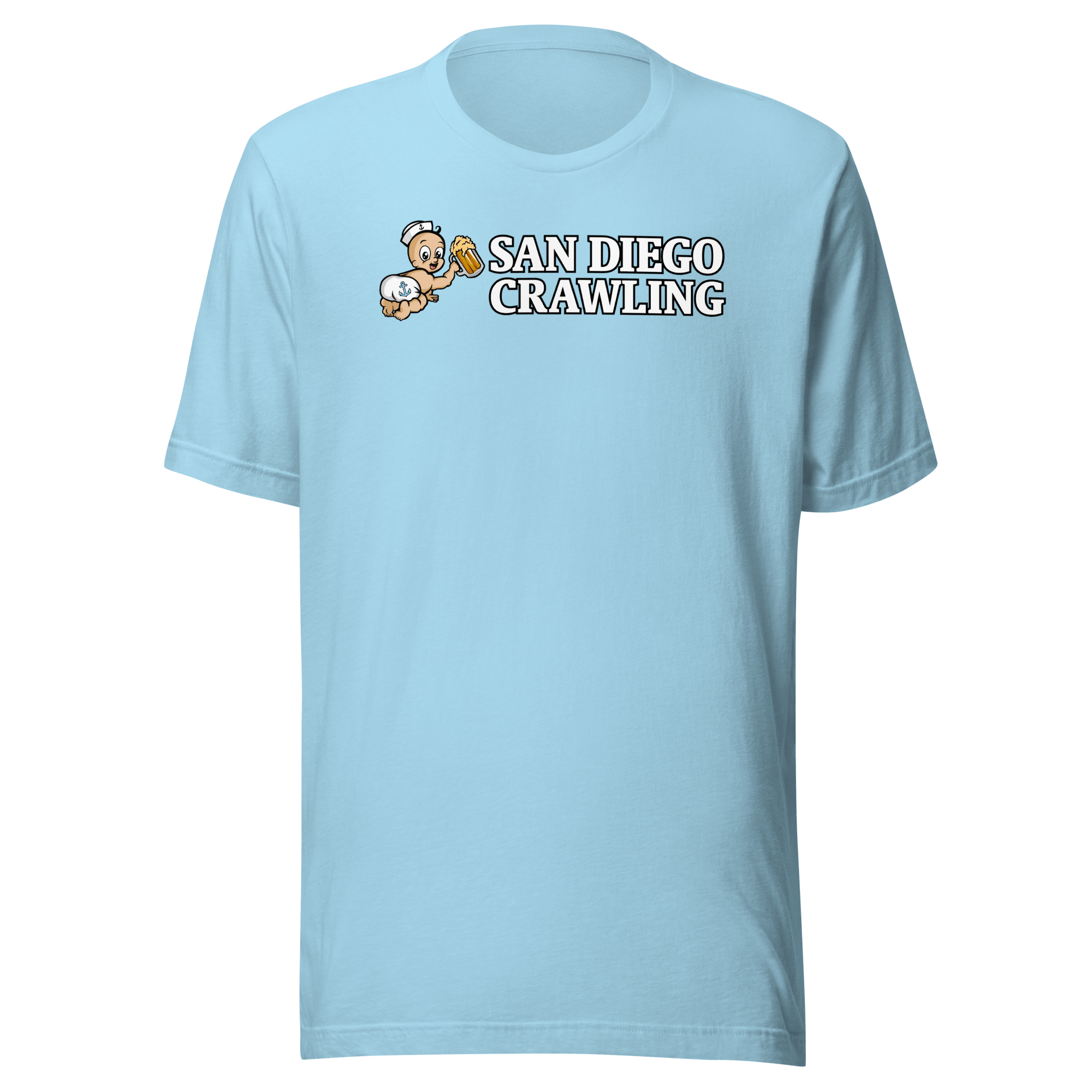 Light blue T-shirt with 'San Diego Crawling' and cartoon baby holding a beer mug.