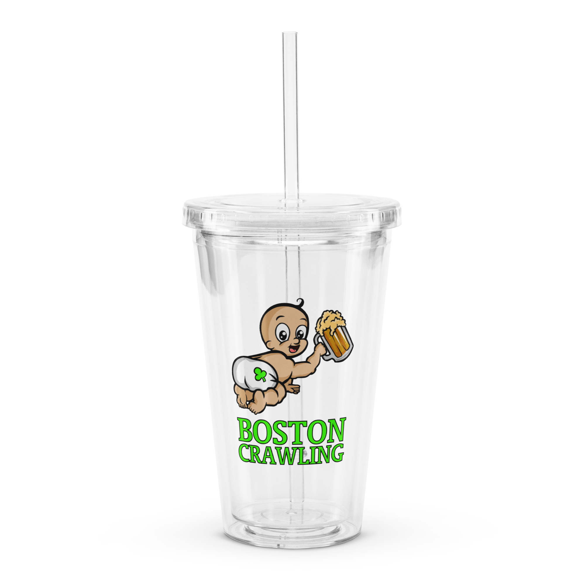 Clear tumbler with lid and straw, logo of crawling baby holding beer, text 'Boston Crawling'.