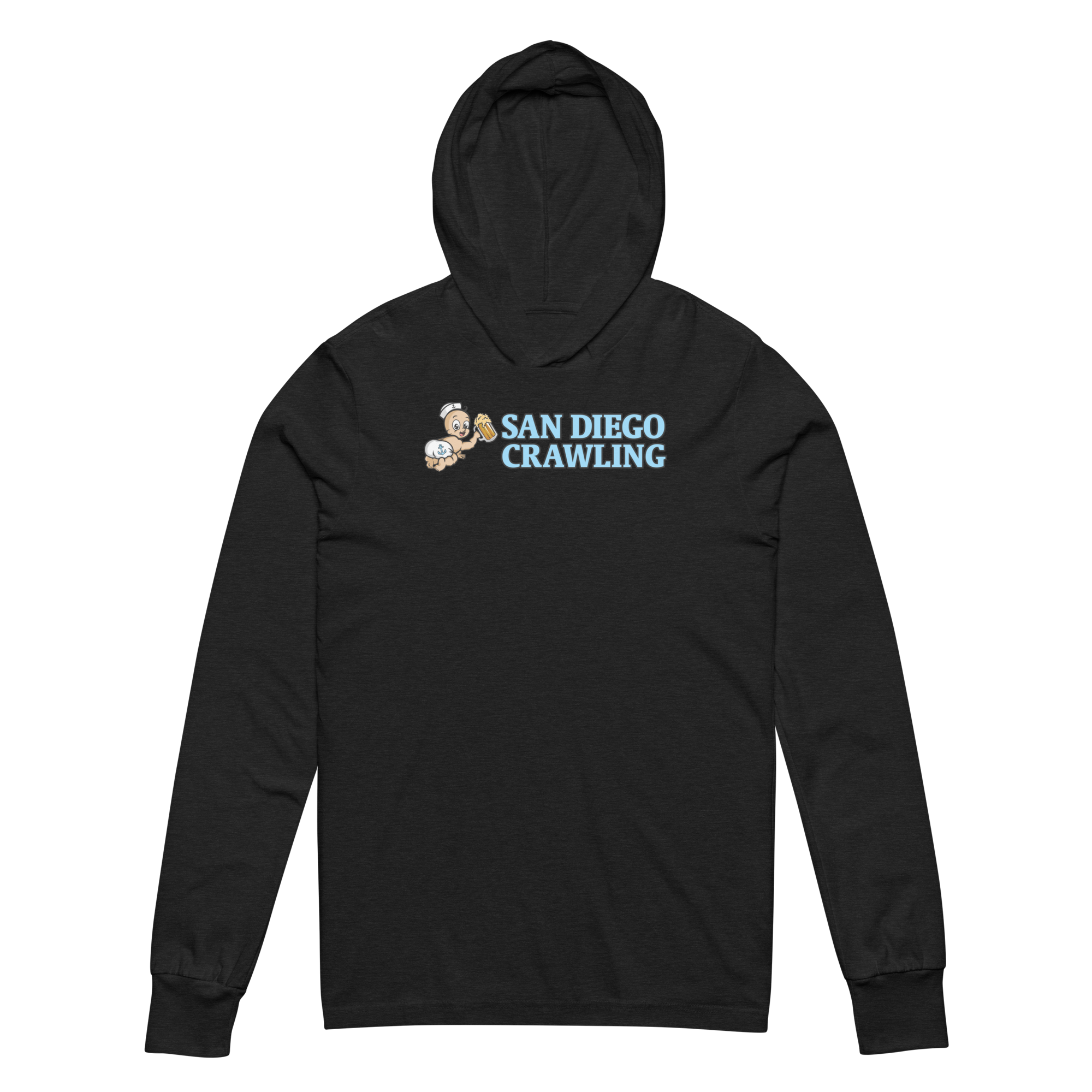 Black hoodie with 'San Diego Crawling' and cartoon characters on the chest.