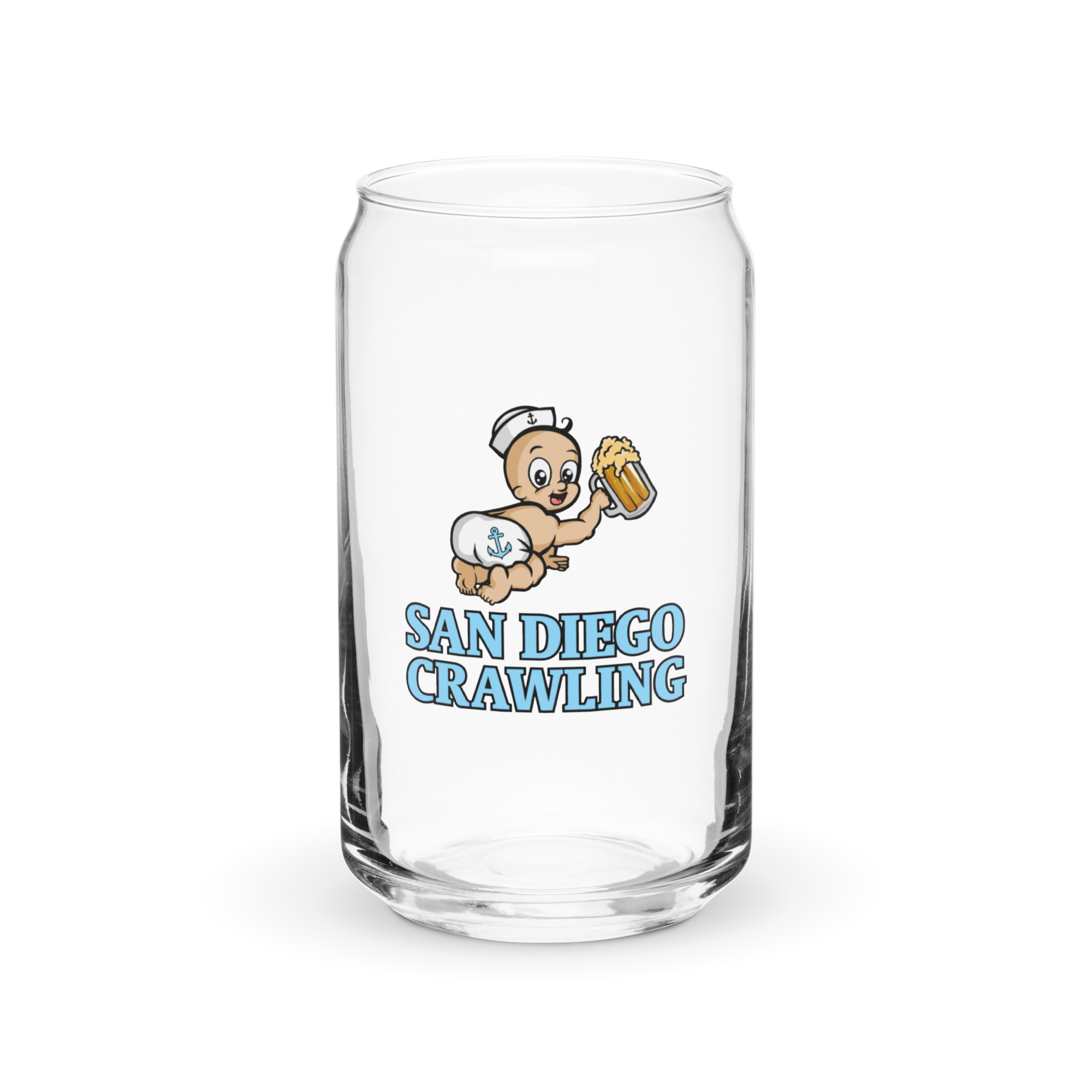 Glass with cartoon baby holding beer and text 'San Diego Crawling'.