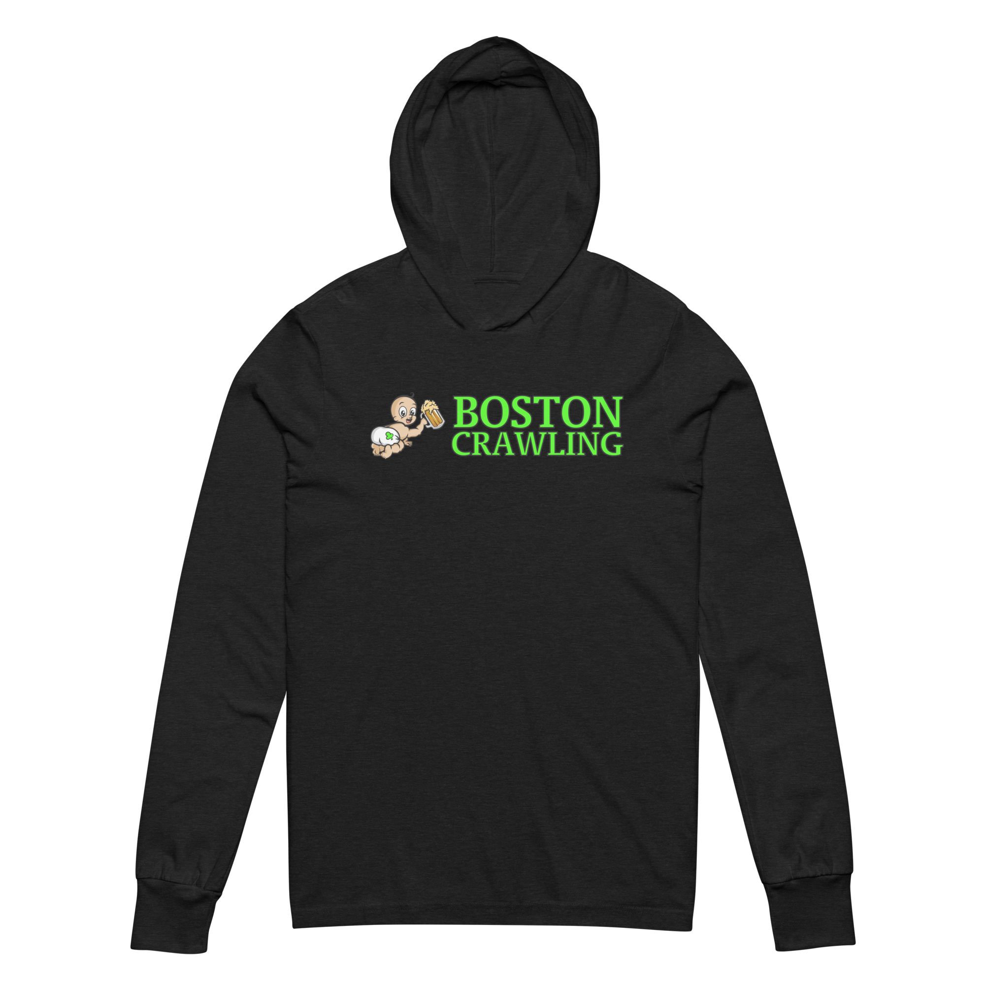Black hoodie with 'Boston Crawling' text and cartoon characters on chest.