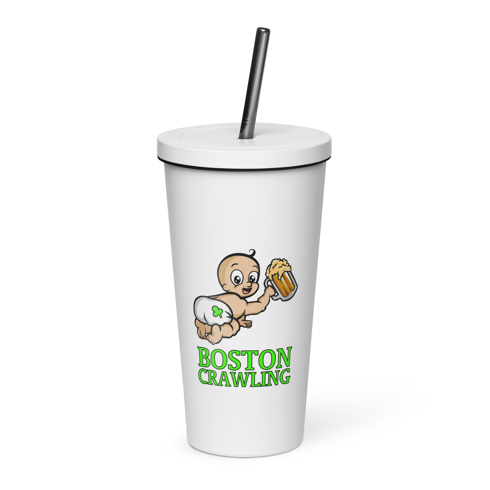 Cup with lid and straw, featuring cartoon baby with a mug and 'Boston Crawling' text.
