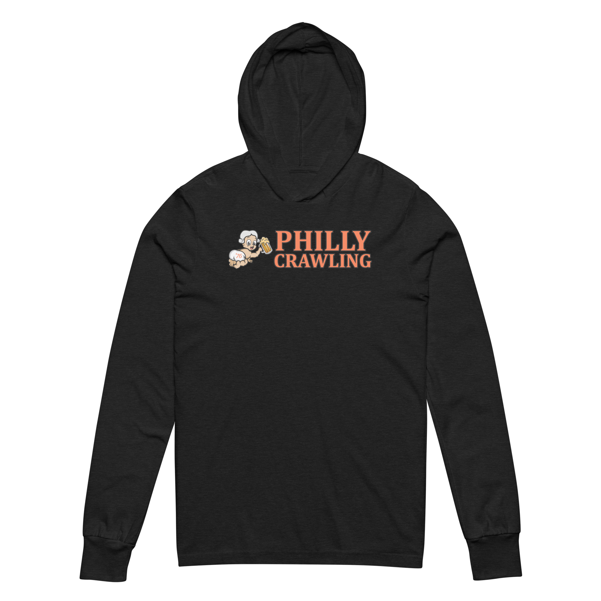 Black hoodie with 'Philly Crawling' and cartoon figures holding beer on chest.