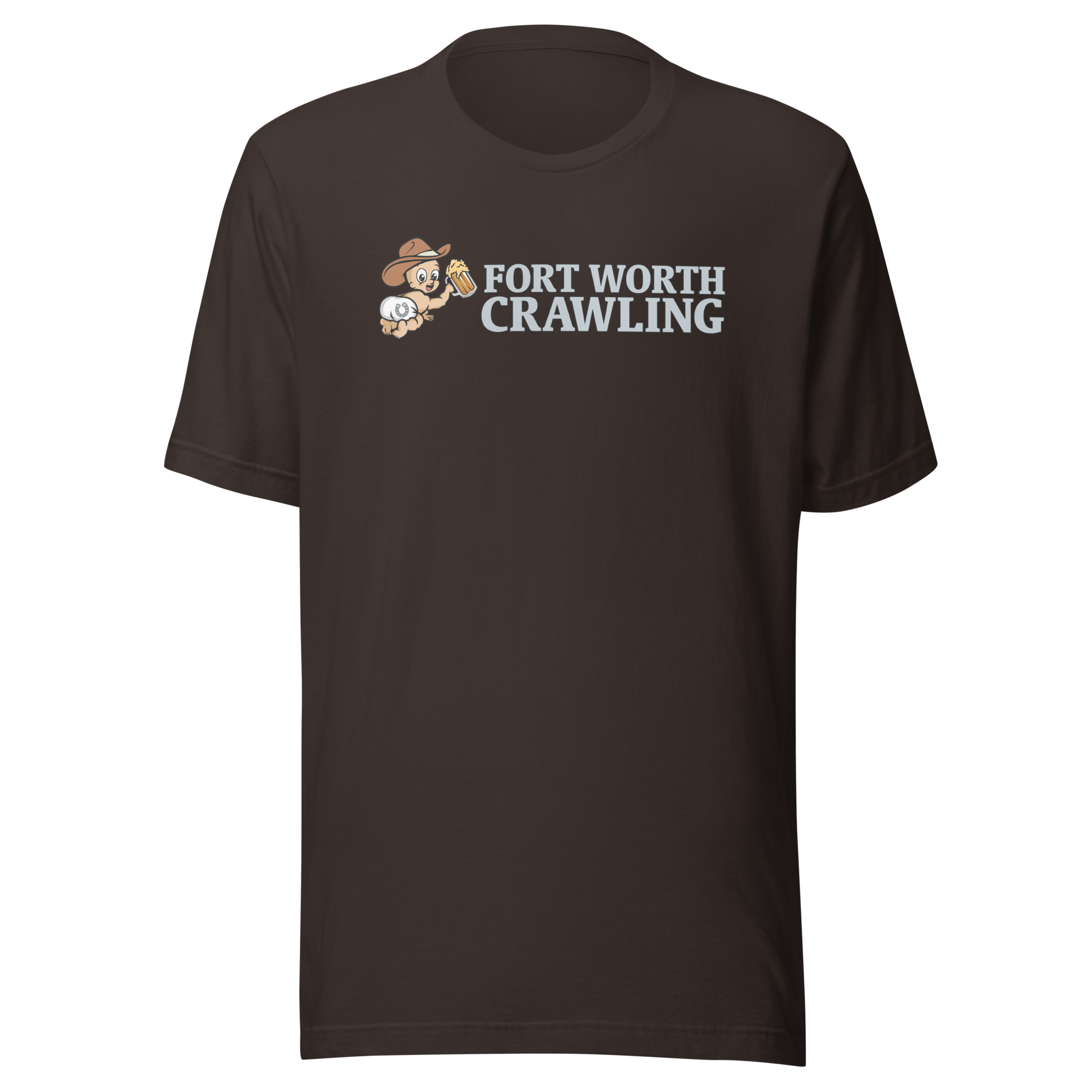 Brown T-shirt with 'Fort Worth Crawling' and cartoon baby holding beer.