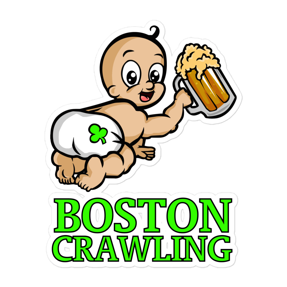 Cartoon baby with beer mug, wearing a diaper with shamrock, above text 'Boston Crawling'.