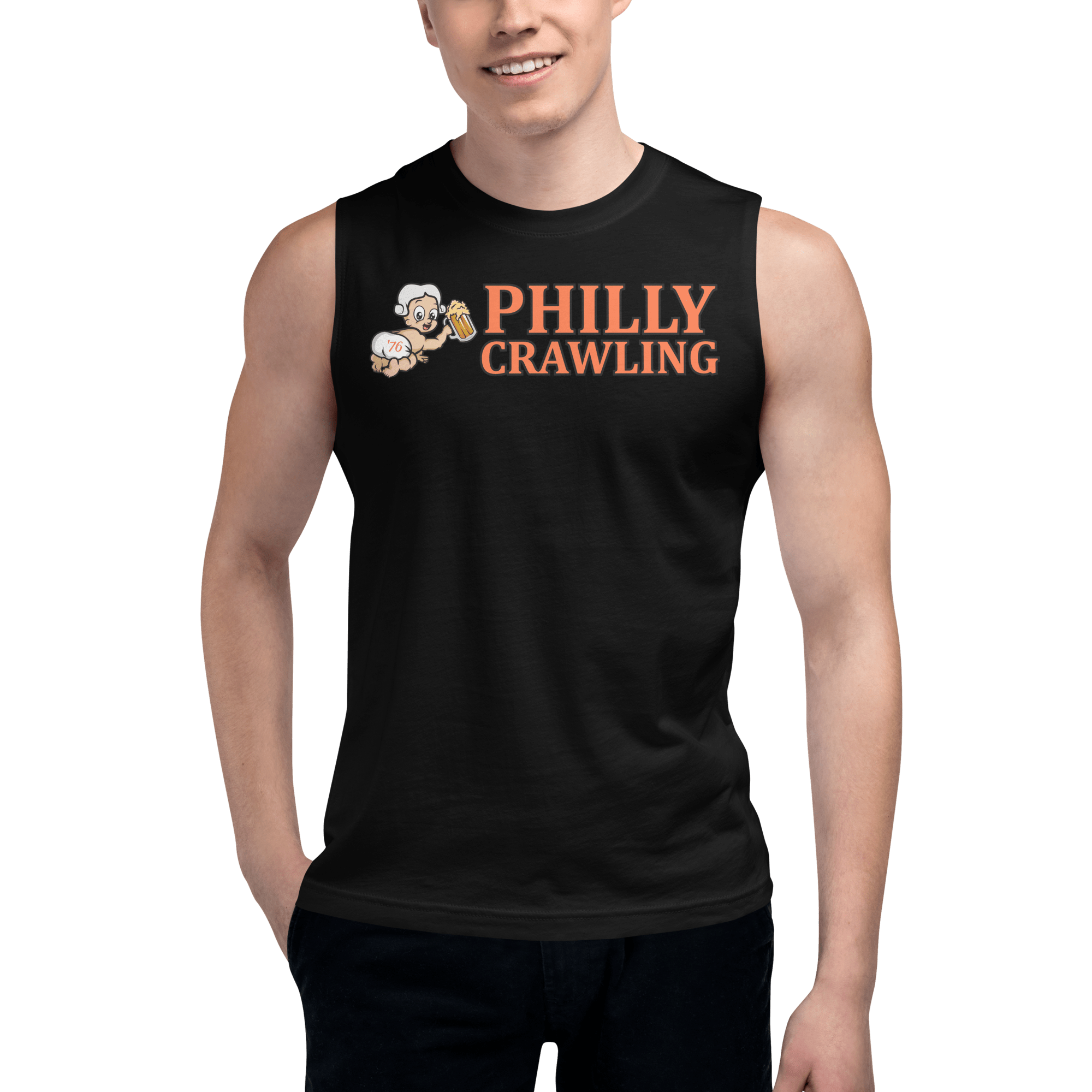 Man wearing a black sleeveless shirt with 'PHILLY CRAWLING' and cartoon graphic.