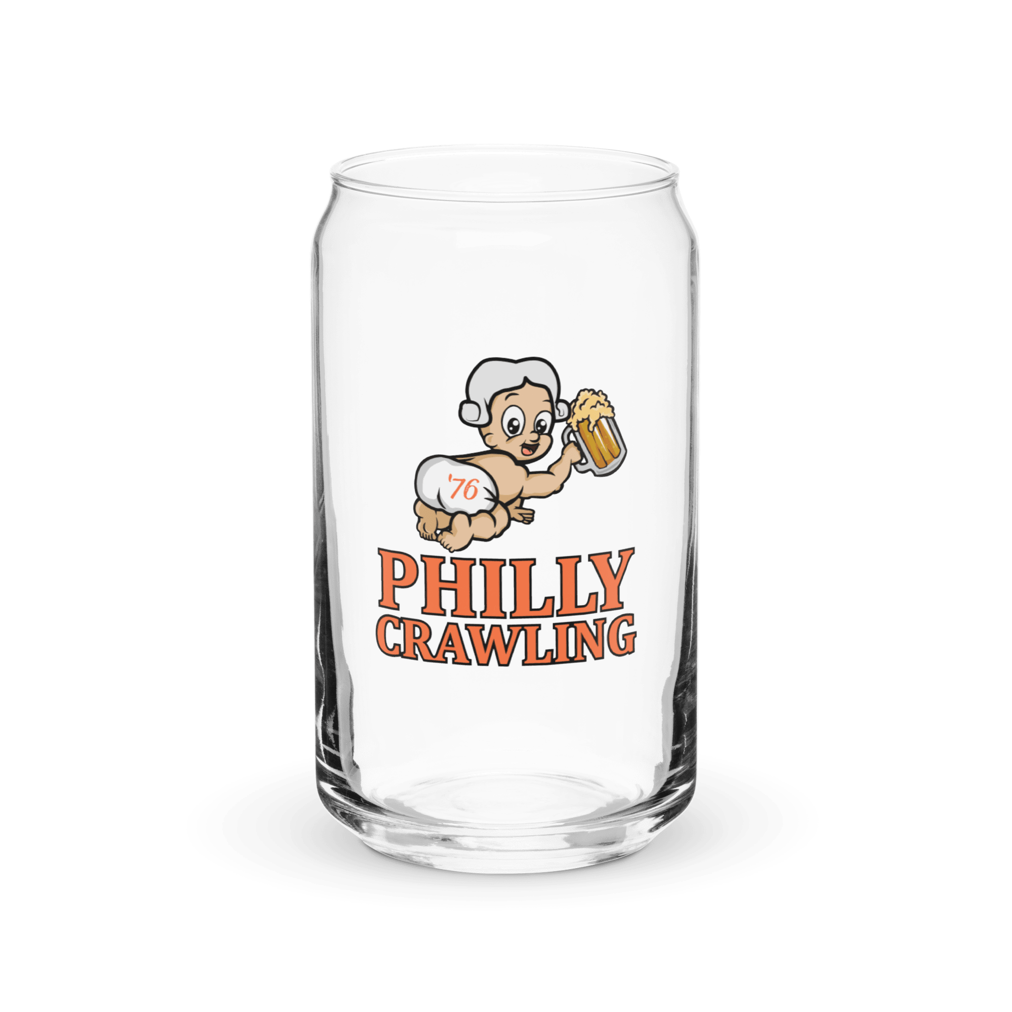 Clear glass with a cartoon baby holding a beer and text 'Philly Crawling' in orange lettering.