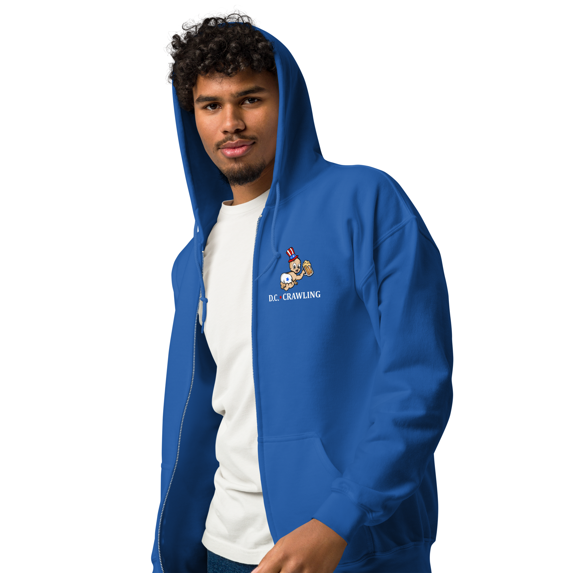 Person wearing a blue hoodie with 'D.C. Crawling' logo, standing against a green background.