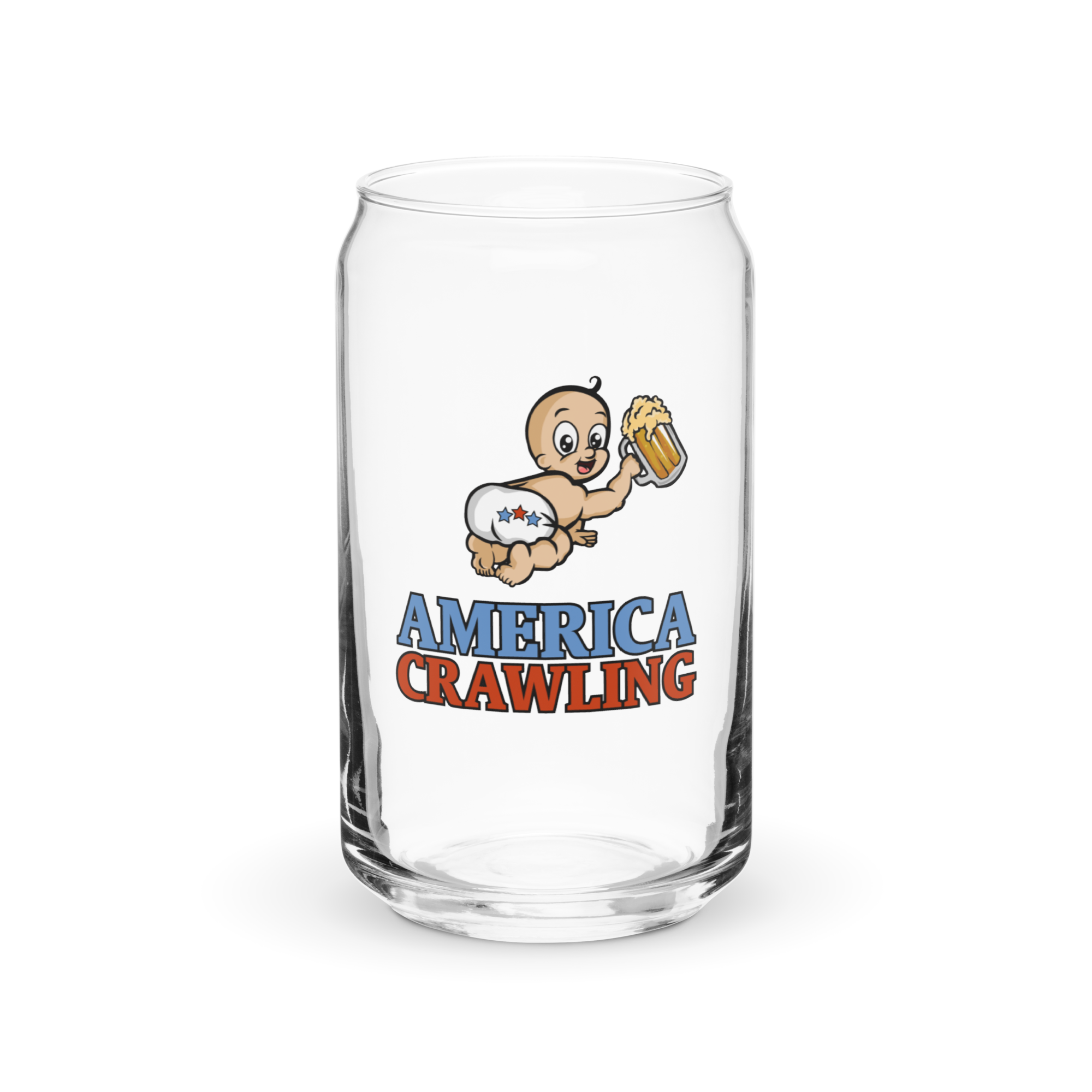 Glass with cartoon baby holding beer and text 'America Crawling' printed on it.