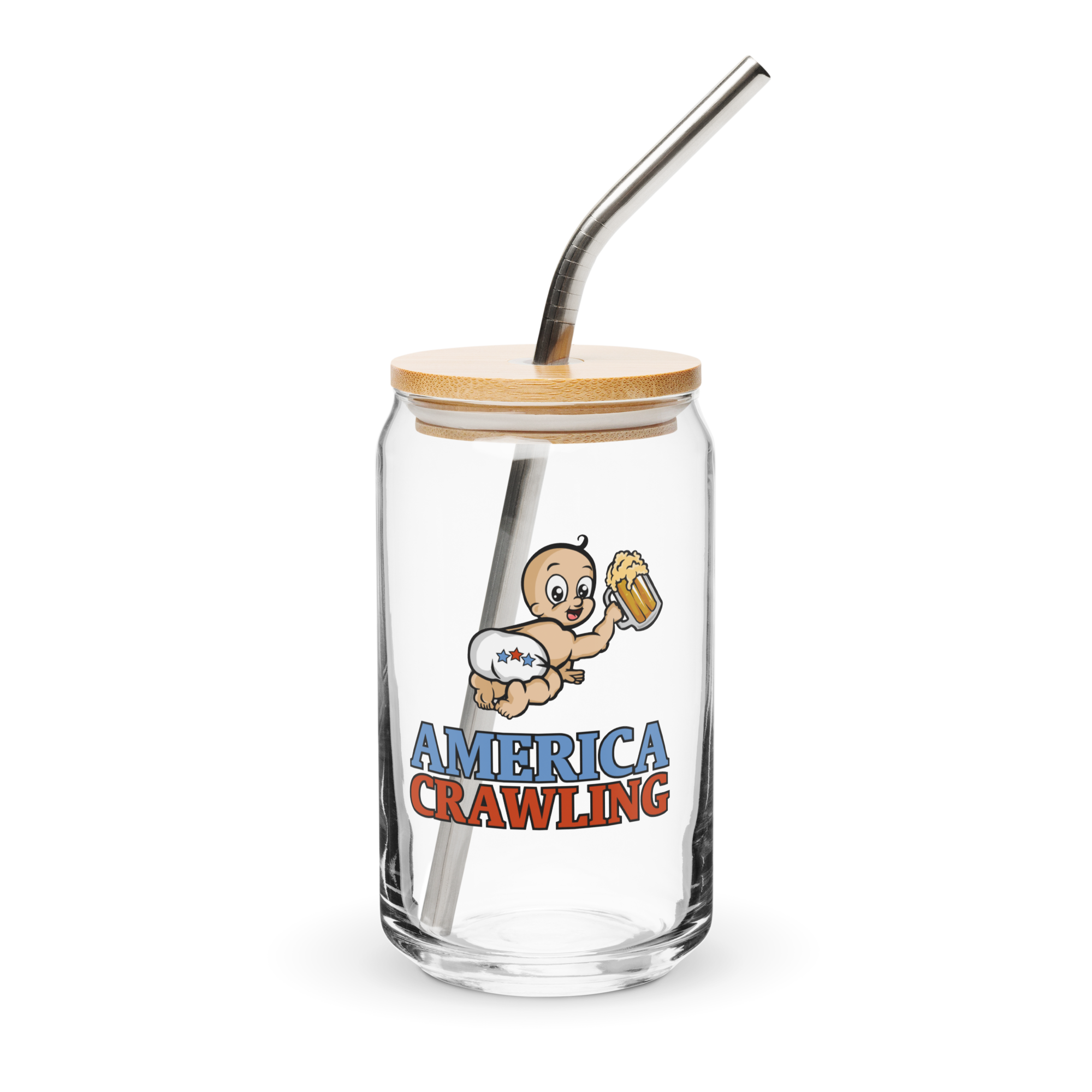 Glass jar with a wooden lid, metal straw, baby cartoon, and 'America Crawling' text.