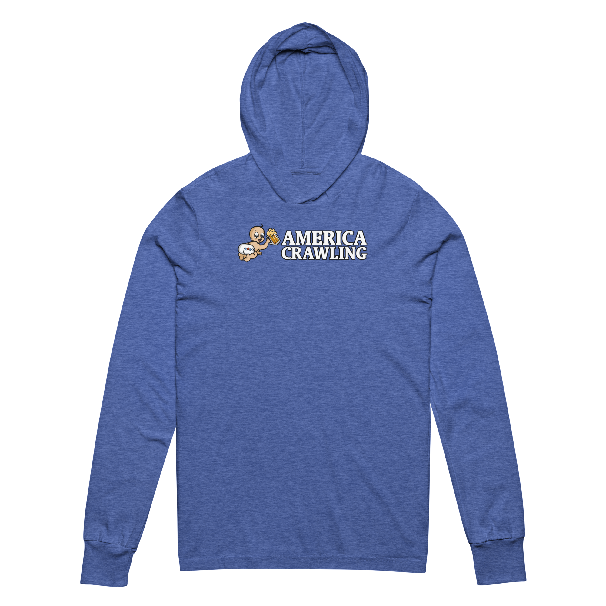 Blue hoodie with cartoon baby and text 'America Crawling' on the front.