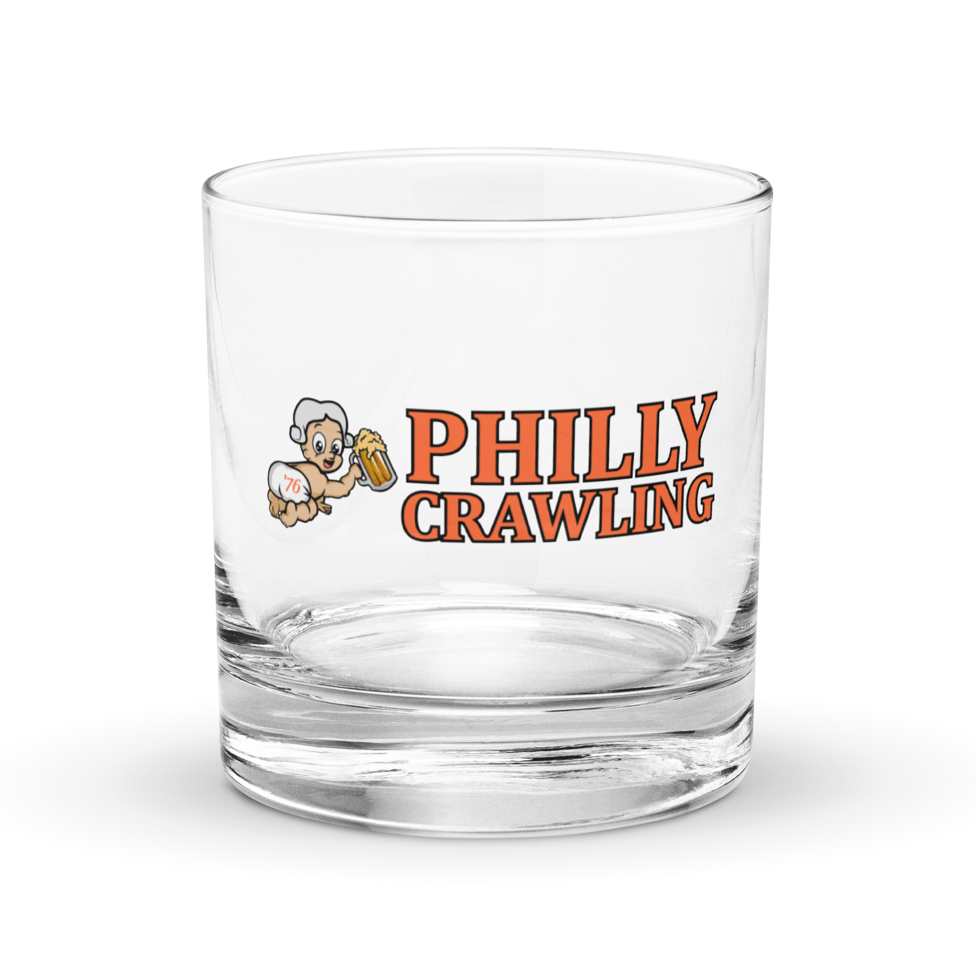 Clear glass with 'Philly Crawling' text and illustrated baby holding a beer mug.