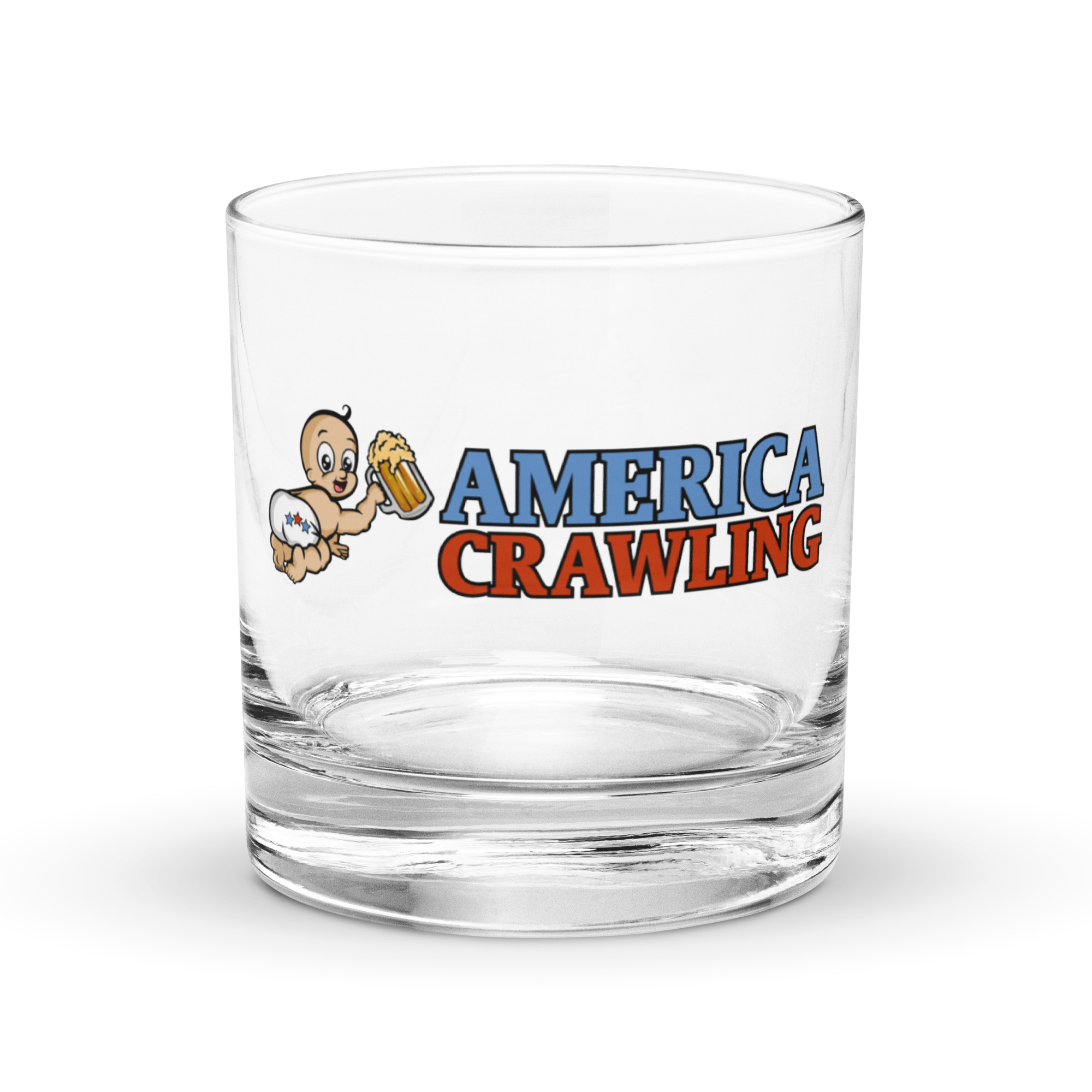 Glass with cartoon baby holding beer and text 'America Crawling'.