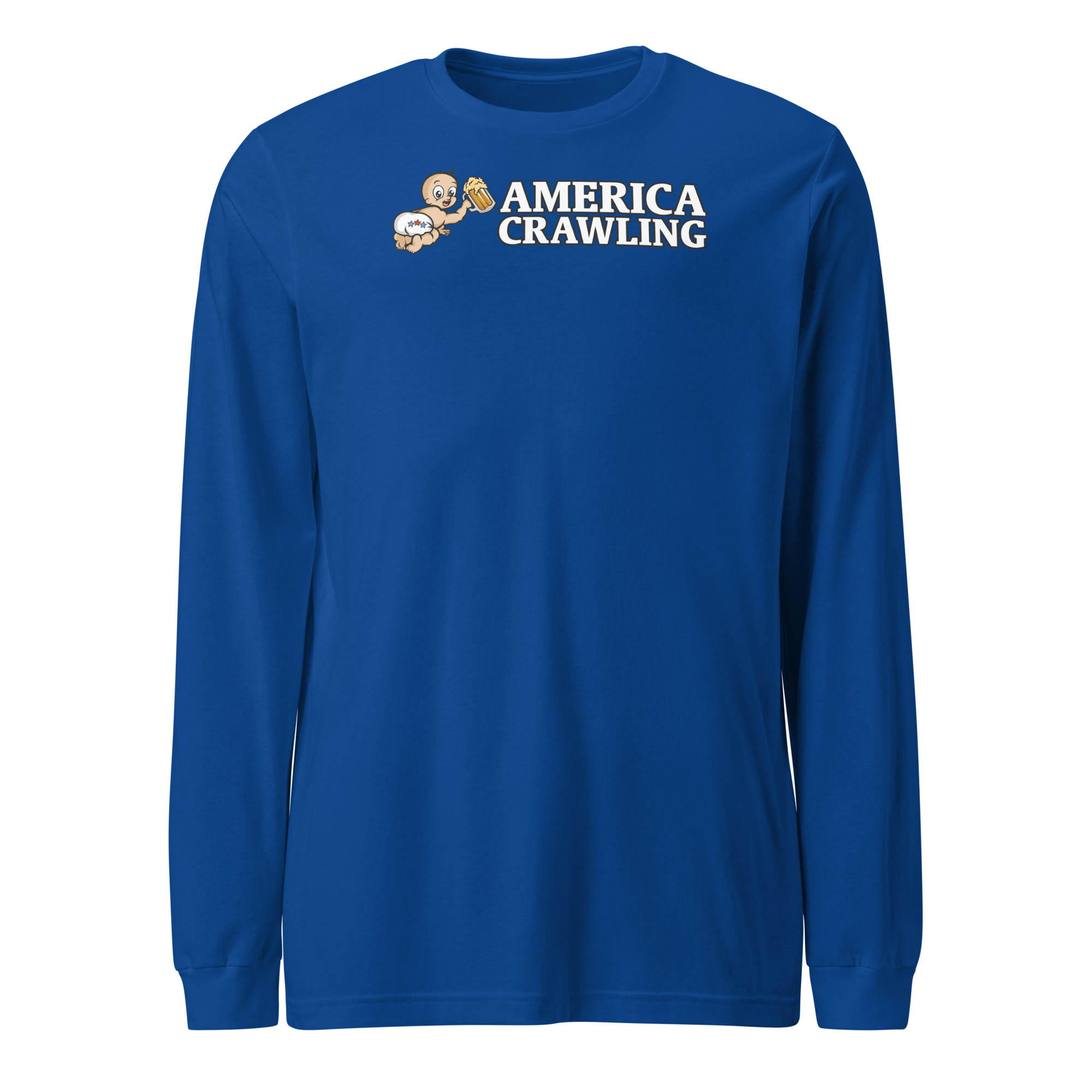 Blue shirt with 'America Crawling' text and baby holding beer image.