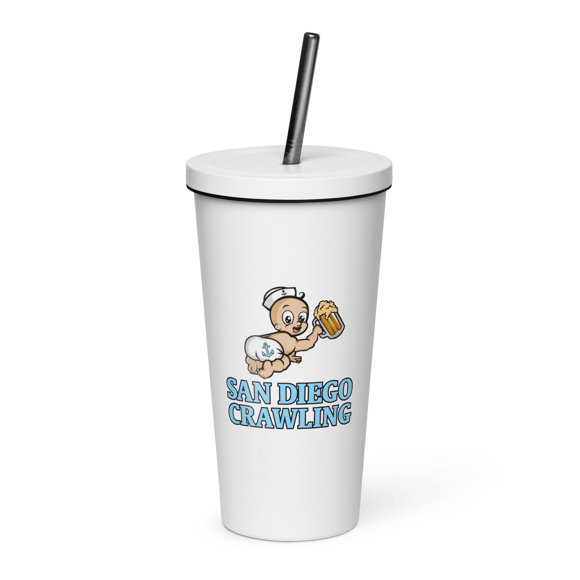 White tumbler with black straw, cartoon baby in sailor hat, holds beer mug, text 'San Diego Crawling.'
