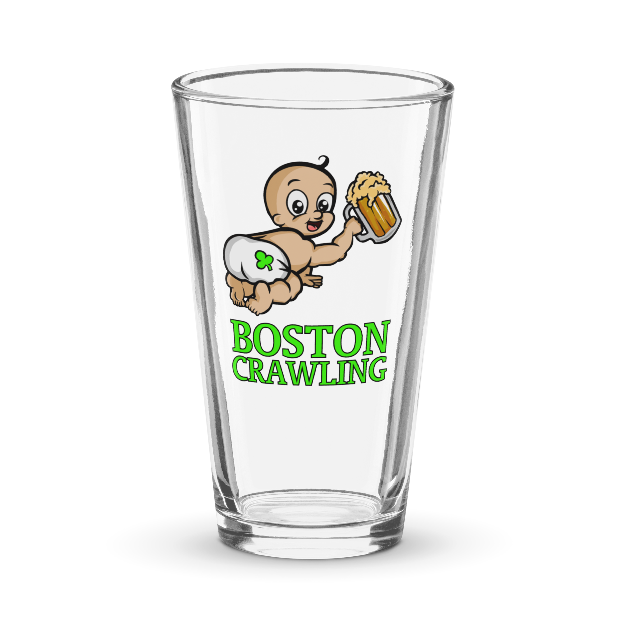 Glass with cartoon baby holding beer and 'Boston Crawling' text.
