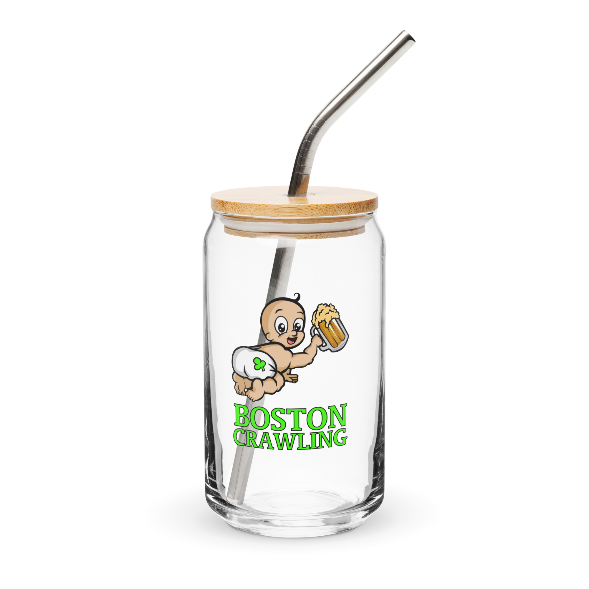 Glass with lid, straw, cartoon baby holding beer, text 'Boston Crawling'.