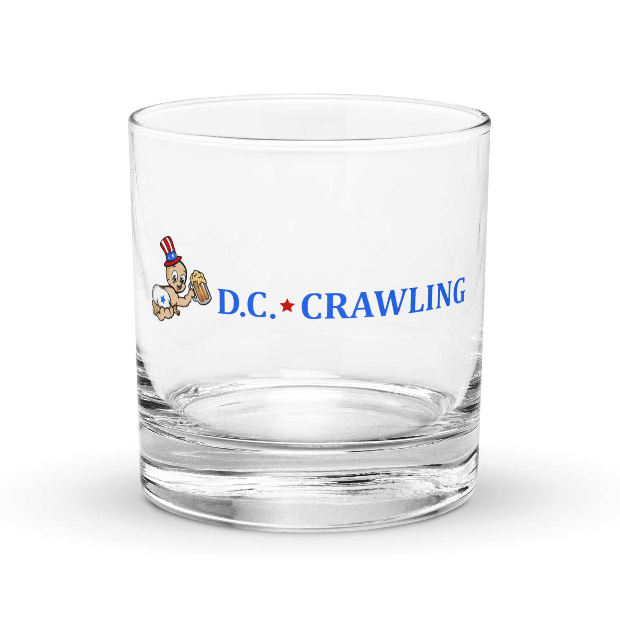 A glass with 'D.C. Crawling' text and a cartoon crab holding a beer in a patriotic hat.
