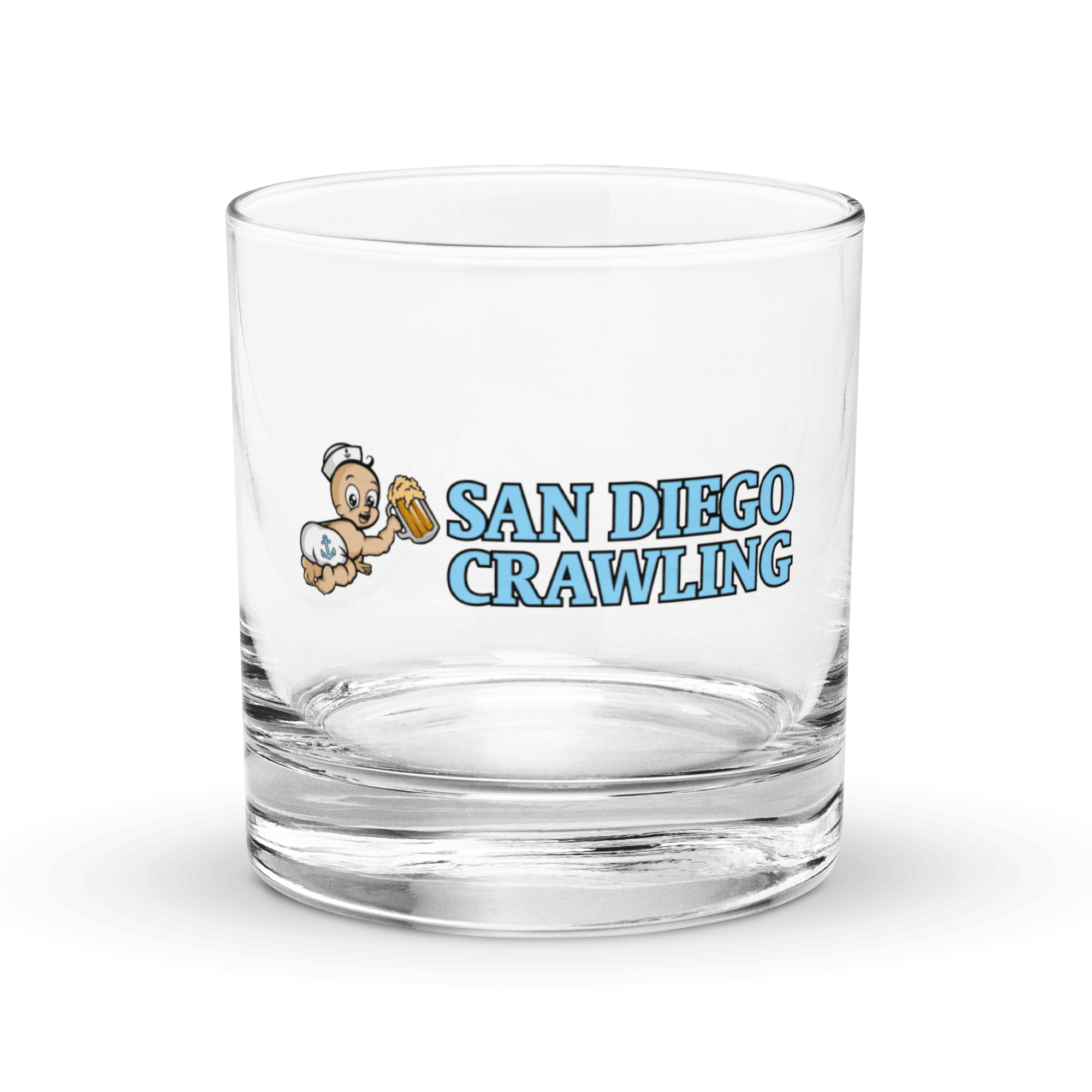 Clear glass with 'San Diego Crawling' and baby holding beer graphic.