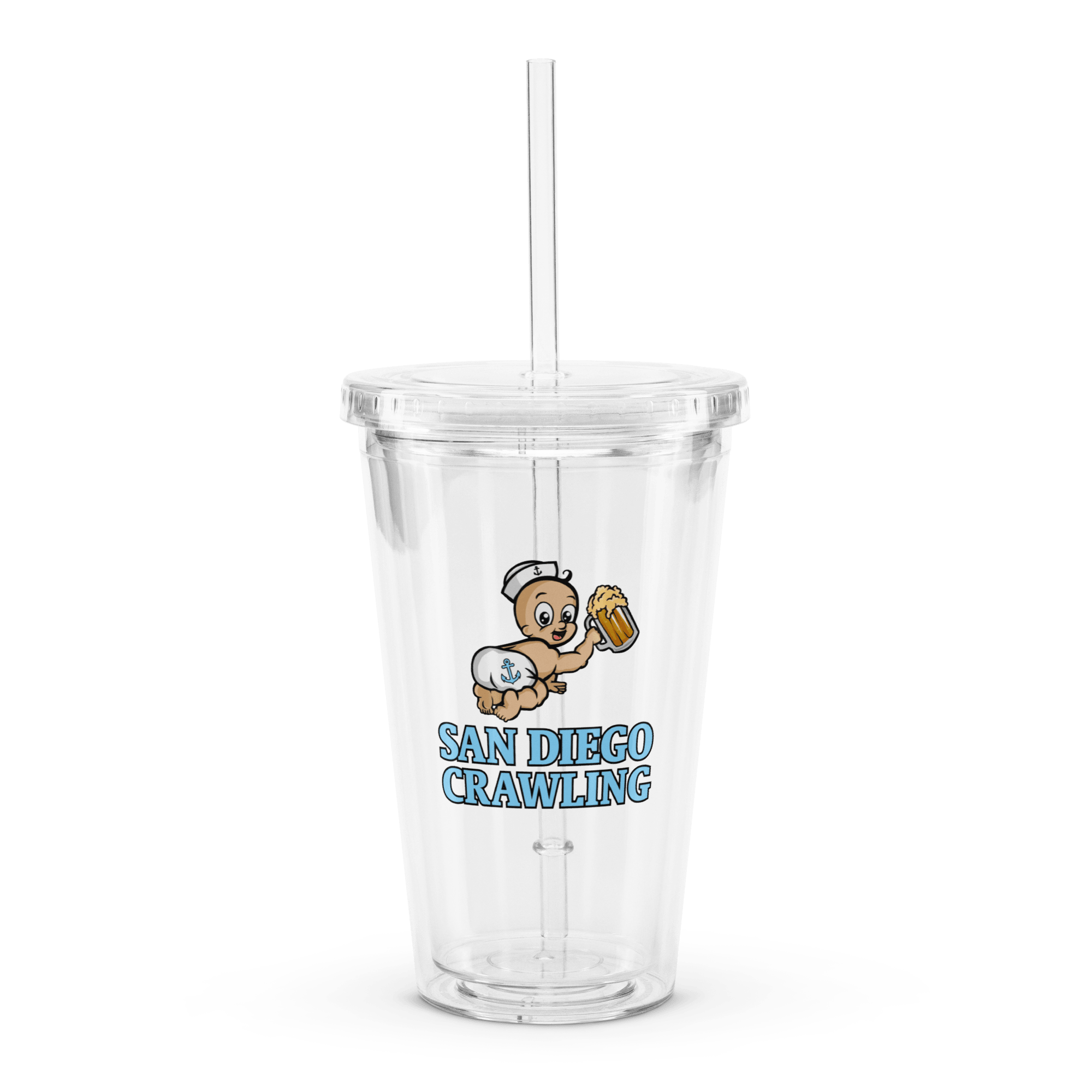 Clear tumbler with a cartoon baby sailor and 'San Diego Crawling' text on it.