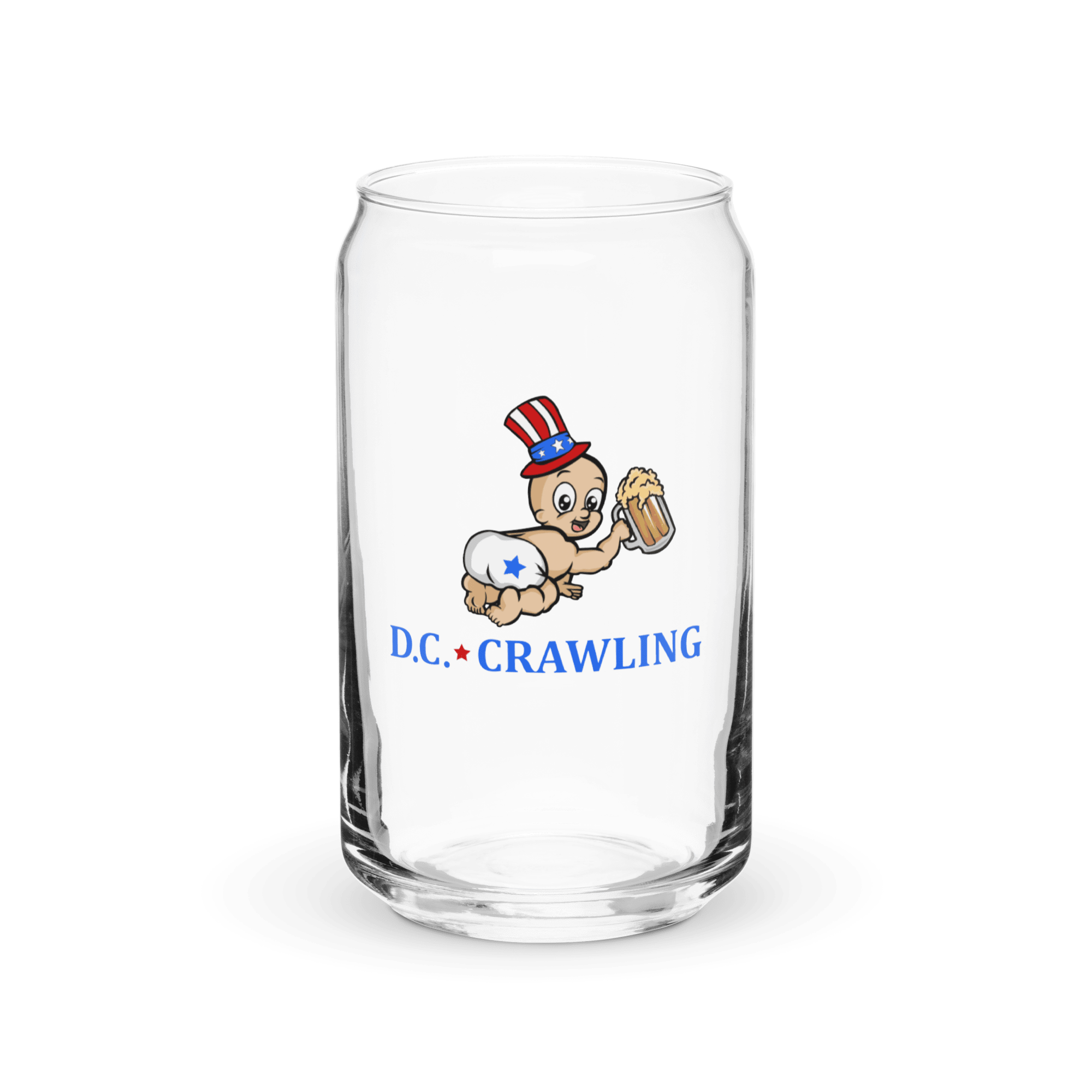 Glass with cartoon baby in patriotic attire holding beer, labeled 'D.C. Crawling'.