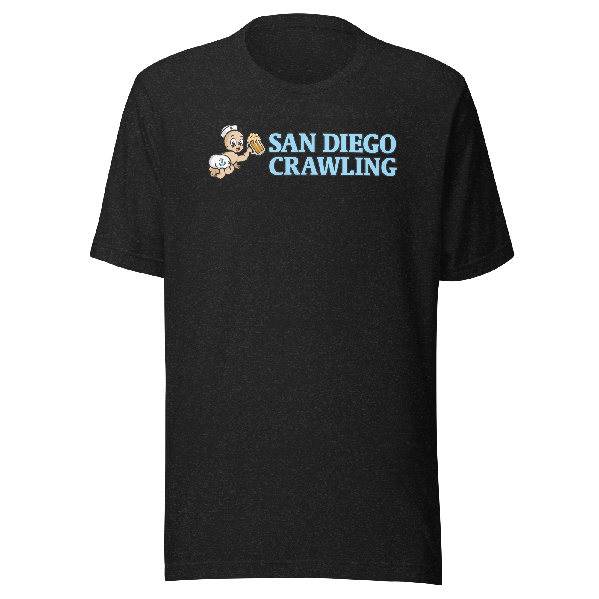 Black T-shirt with 'San Diego Crawling' and a cartoon baby holding a drink.