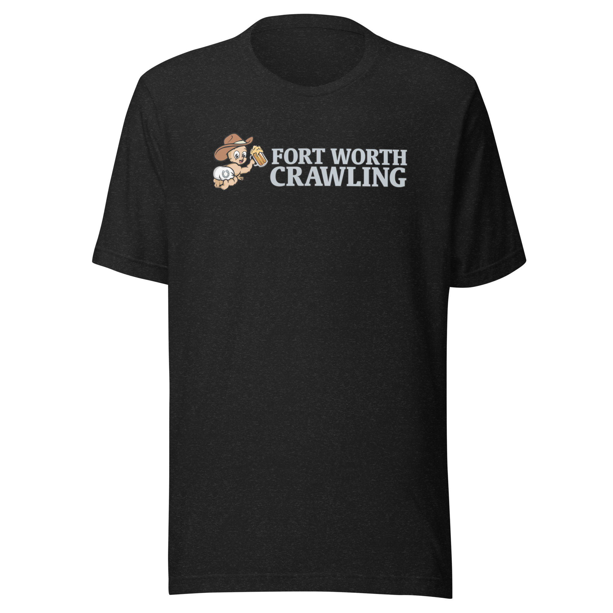 Black T-shirt with 'Fort Worth Crawling' and cartoon baby holding beer mug.