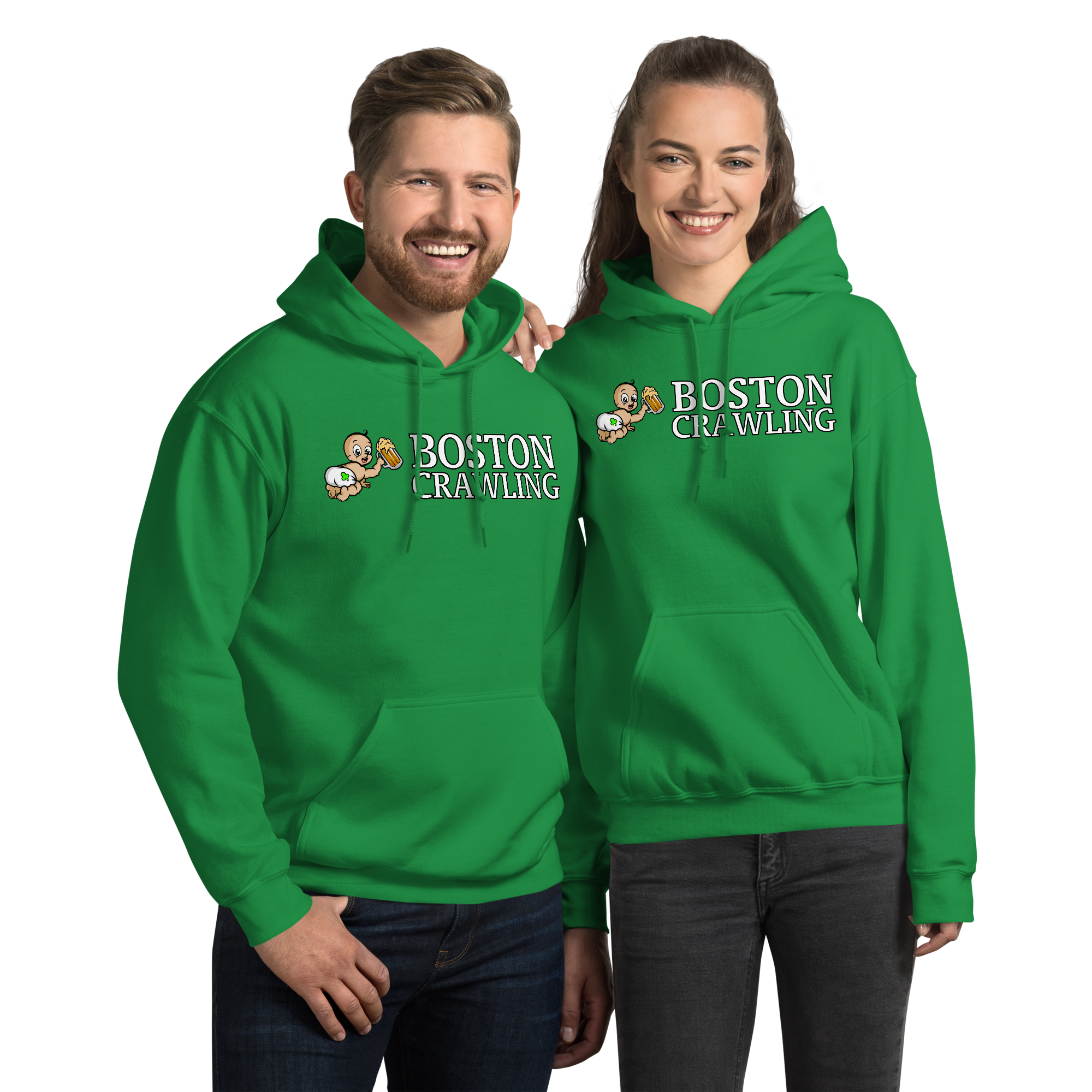 Two people in green 'Boston Crawling' hoodies smiling against a plain background.
