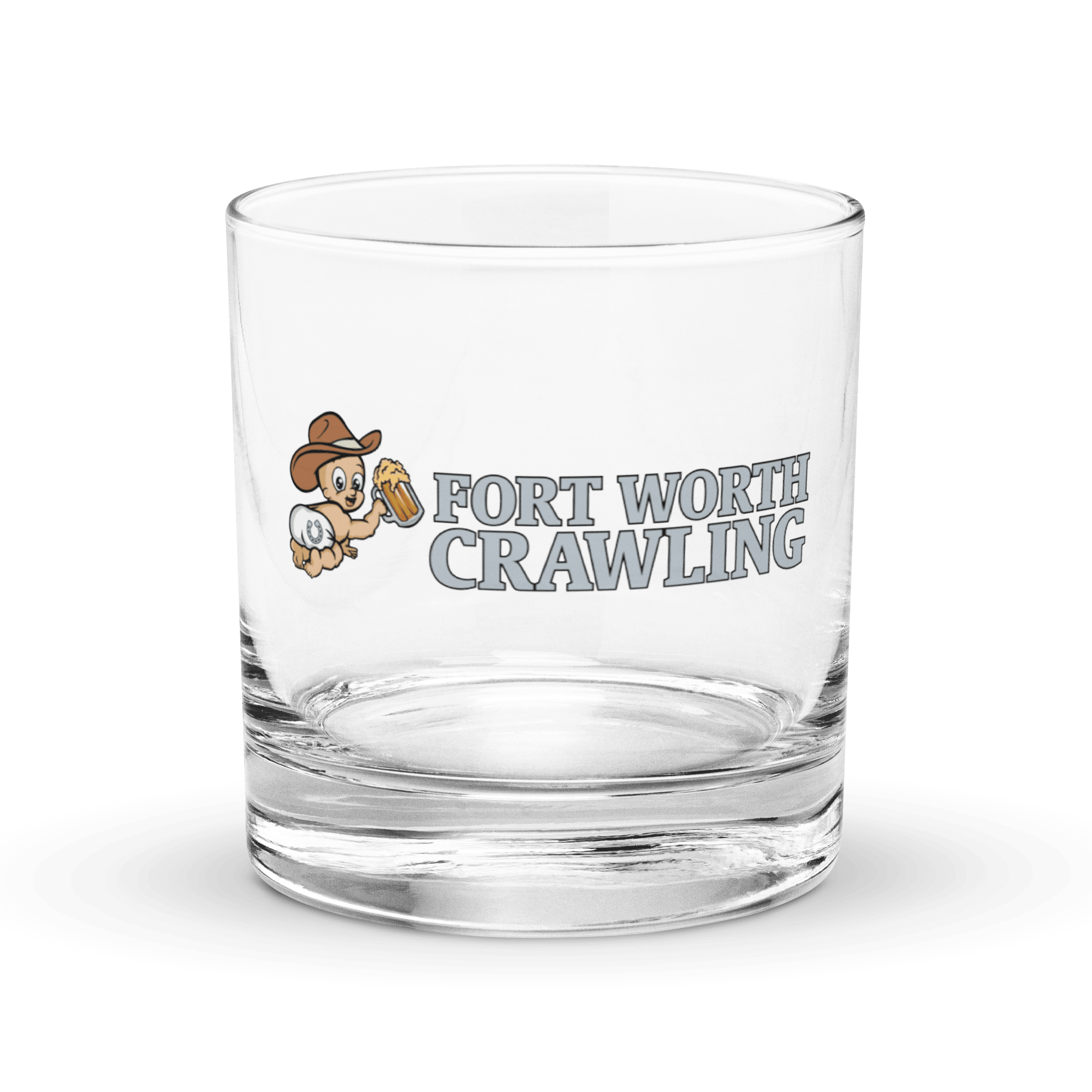 Clear glass with 'Fort Worth Crawling' and cowboy holding a beer logo.