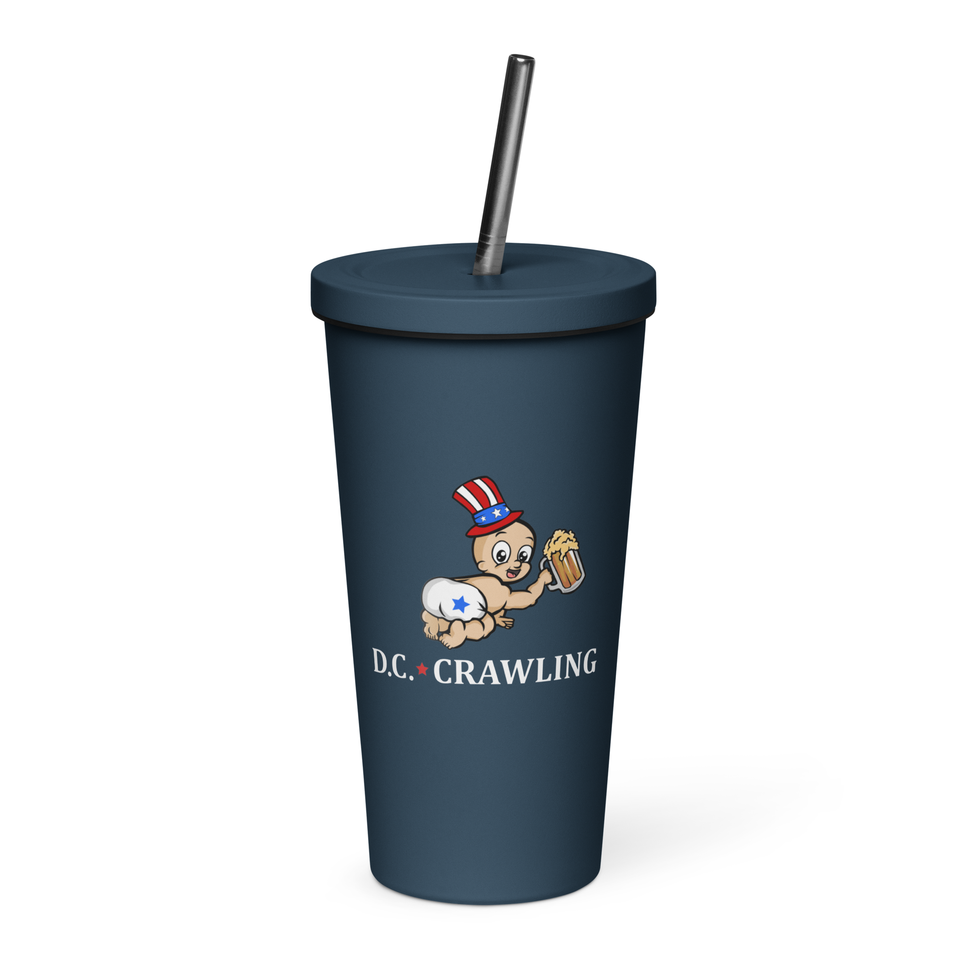 Blue cup with a baby in a USA hat holding a beer, text 'D.C. Crawling'.