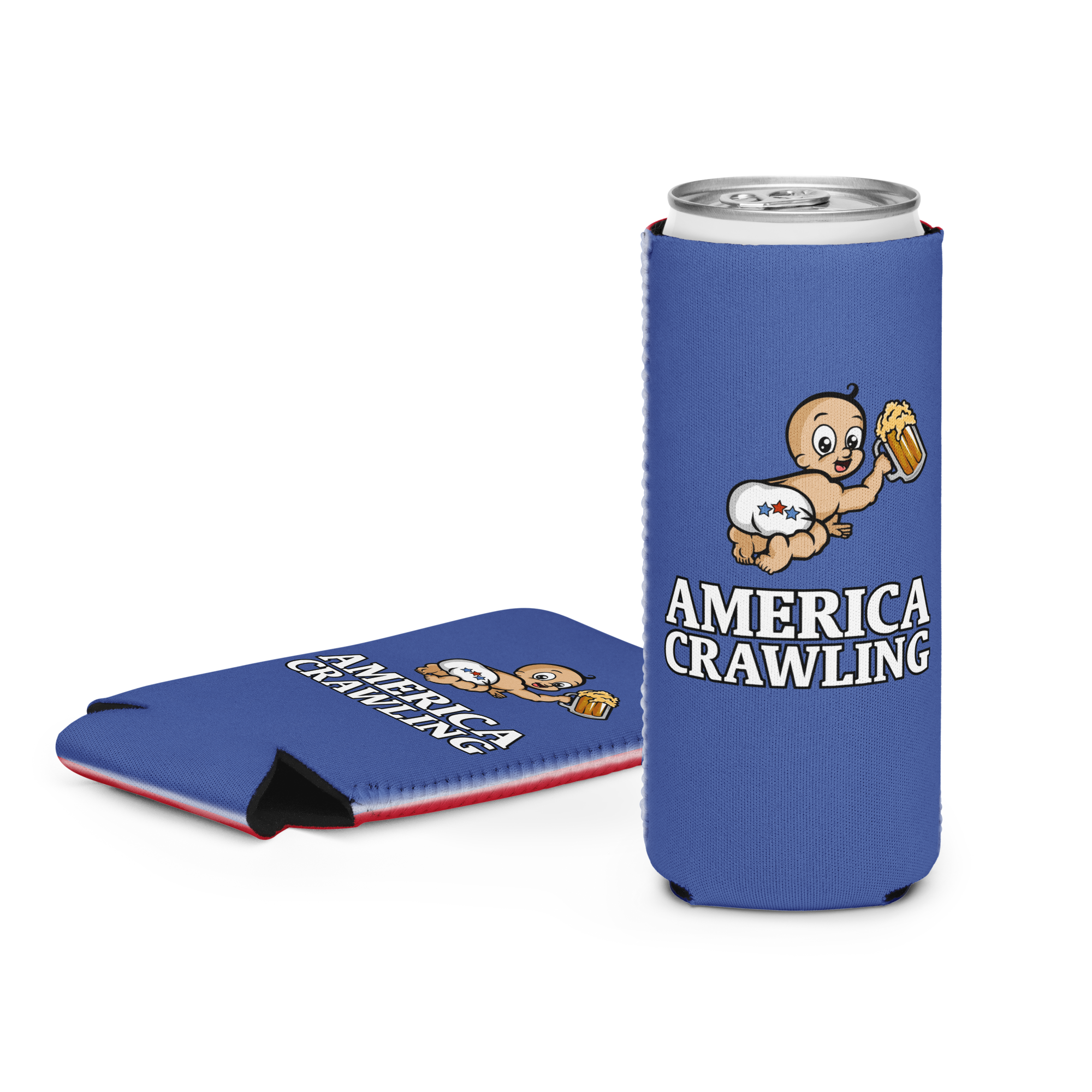 Blue can koozie with cartoon baby holding beer, text 'America Crawling'.