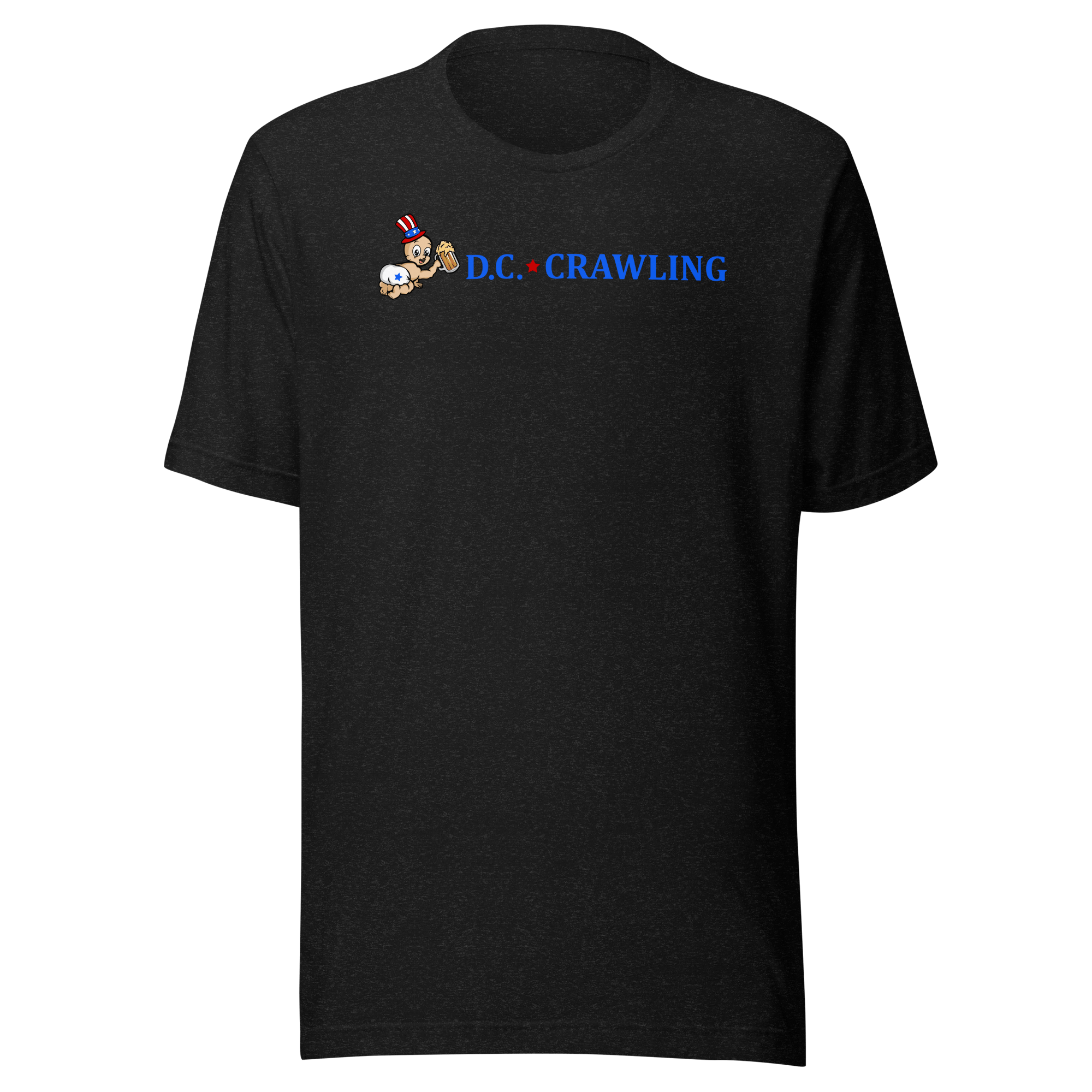 Black t-shirt with 'D.C. CRAWLING' in blue text and a cartoon baby wearing a hat on the front.
