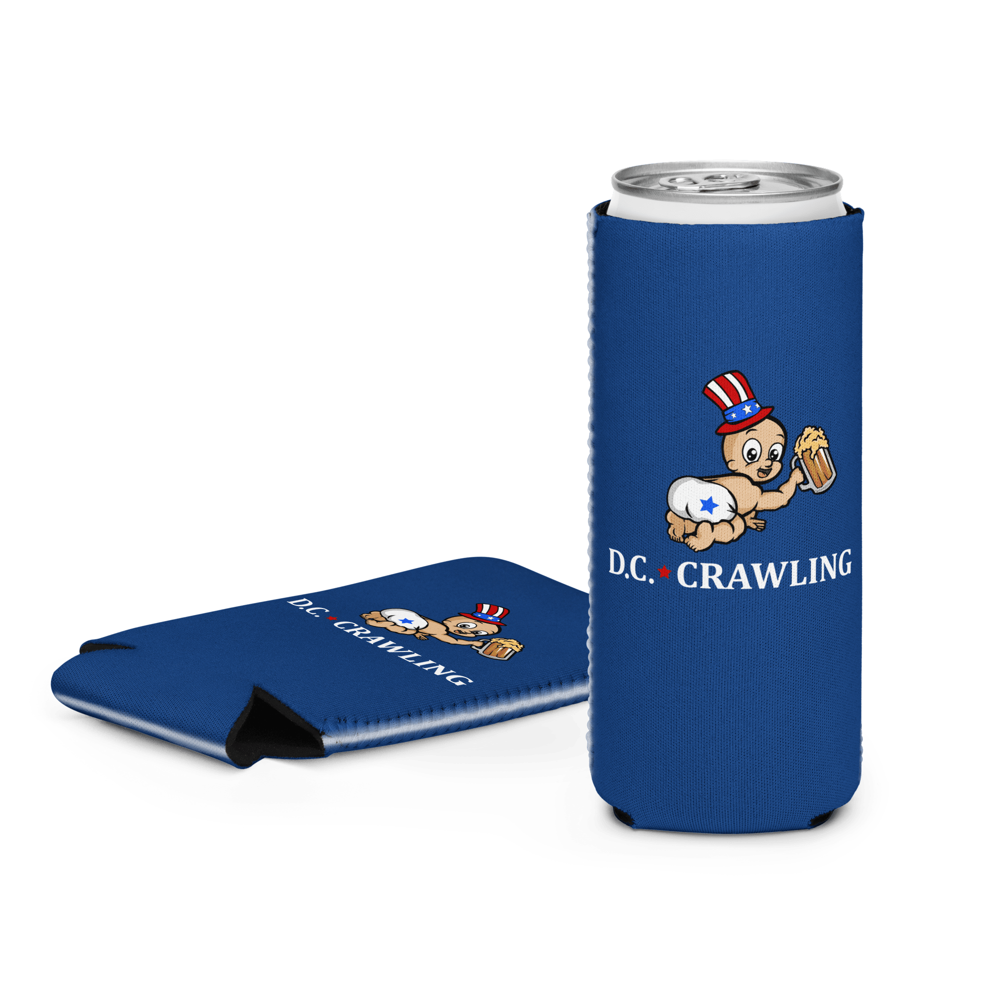 Blue can cooler with cartoon baby in a hat, text 'D.C. Crawling,' and folded matching design.